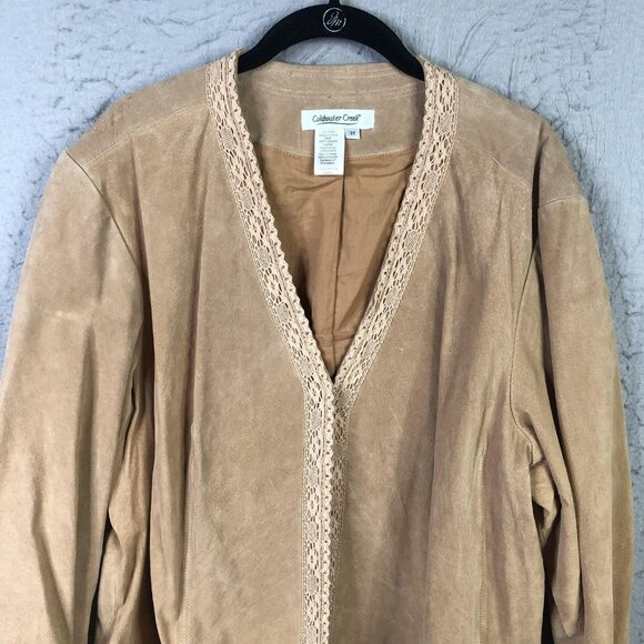 Coldwater Creek Jacket Womens 3X Tan Suede Leather Open Front Lace Trim Boho - Picture 10 of 15